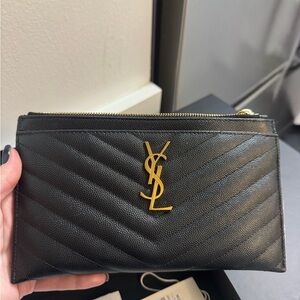 Yves Saint Laurent Black Quilted Clutch with Gold Logo